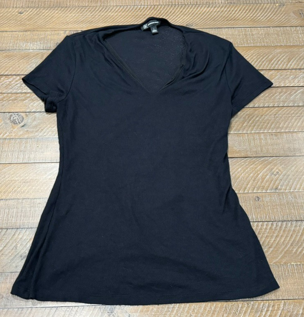 INC International Concepts Women's Black Ribbed V-Neck Slight Shimmer - Size L